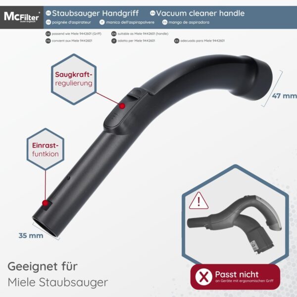 McFilter | Poignée pour aspirateur Miele, alternative pour tube de poignée Miele 9442601 (remplace 9442600 5269091 5269090) Diamètre de raccordement 35 mm, avec réglage de la...