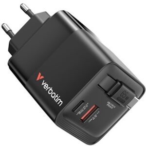 Verbatim 32217 GAN lader 65W - usb-c en usb-a poorten  uittrekbare kabel usbc display US stekker, EU stekker en UK stekker