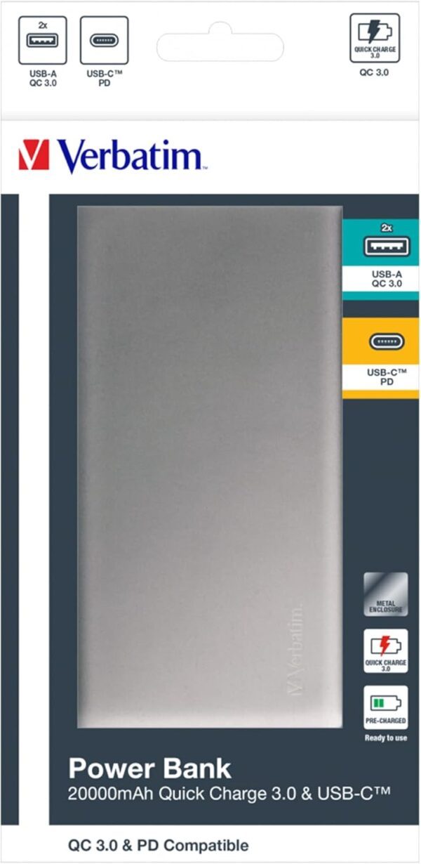 VERBATIM 49577 Dual Power Bank QC3 20000mAh Argent